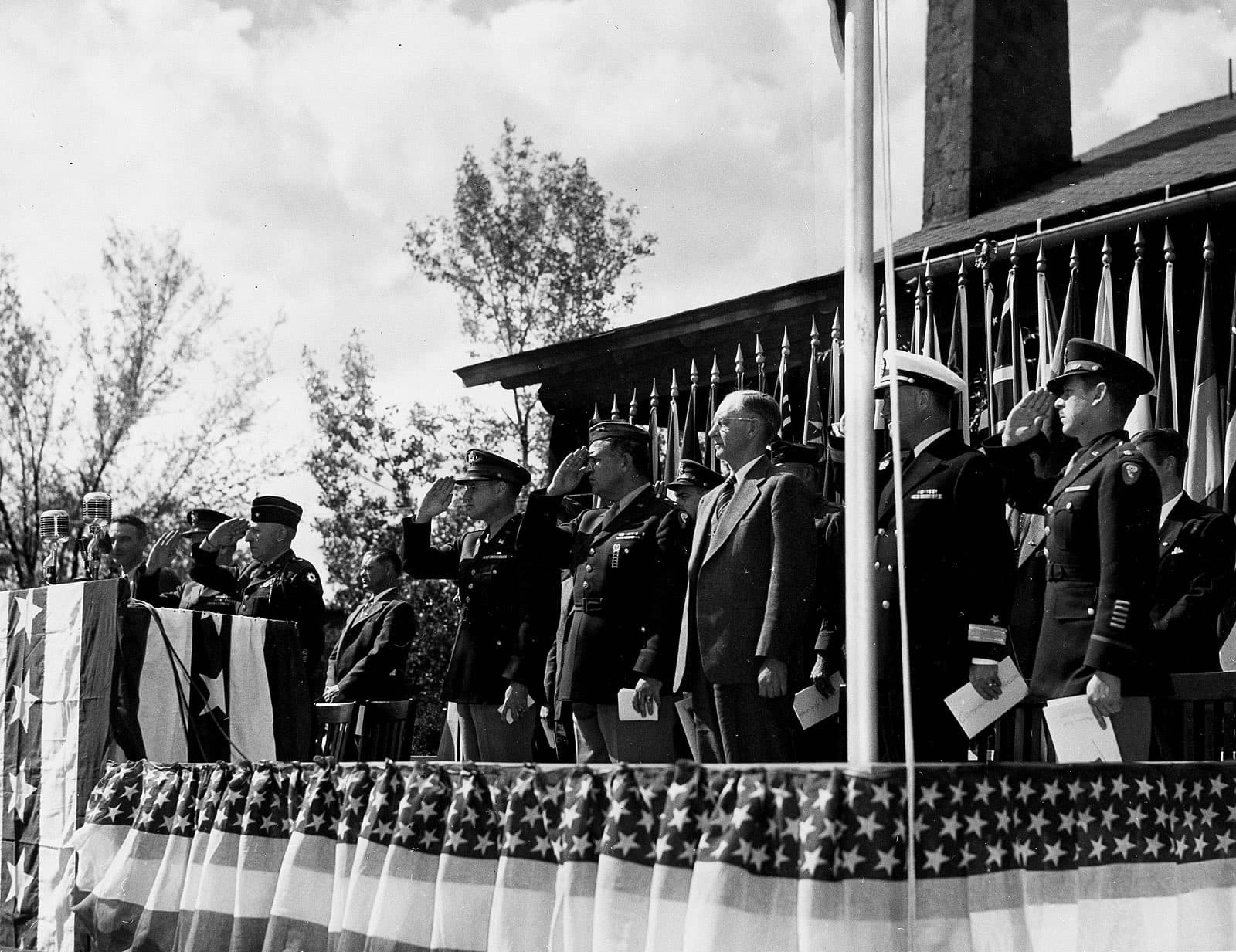 Manhattan Project ceremony at Los Alamos, New Mexico, 1945, during the atomic laboratory era