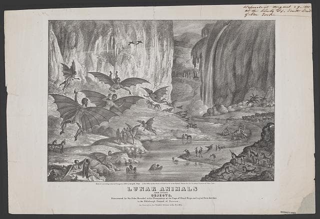 1835 lithograph of fantastical lunar creatures from the Great Moon Hoax newspaper series