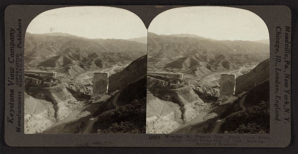 Wreckage of the St. Francis Dam after its collapse in March 1928, California